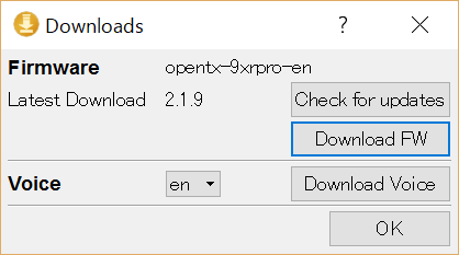 OpenTX Companion ファームウェアダウンロードダイアログボックス