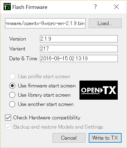OpenTXのファームウェア書き込み確認ダイアログボックス